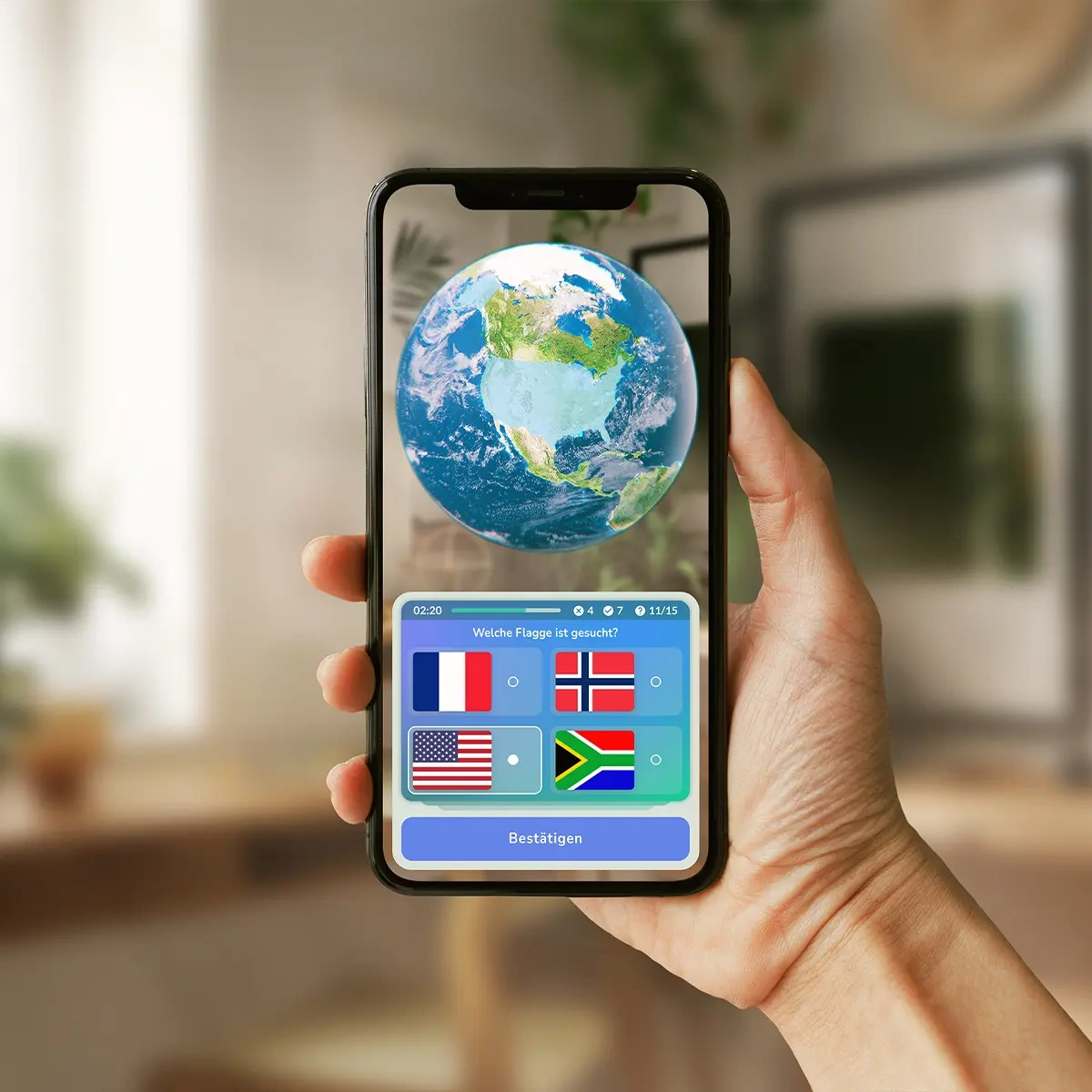Geography App, GeoGeek AR, iPhone, Erde virtuell platziert im Raum, Augmented Reality