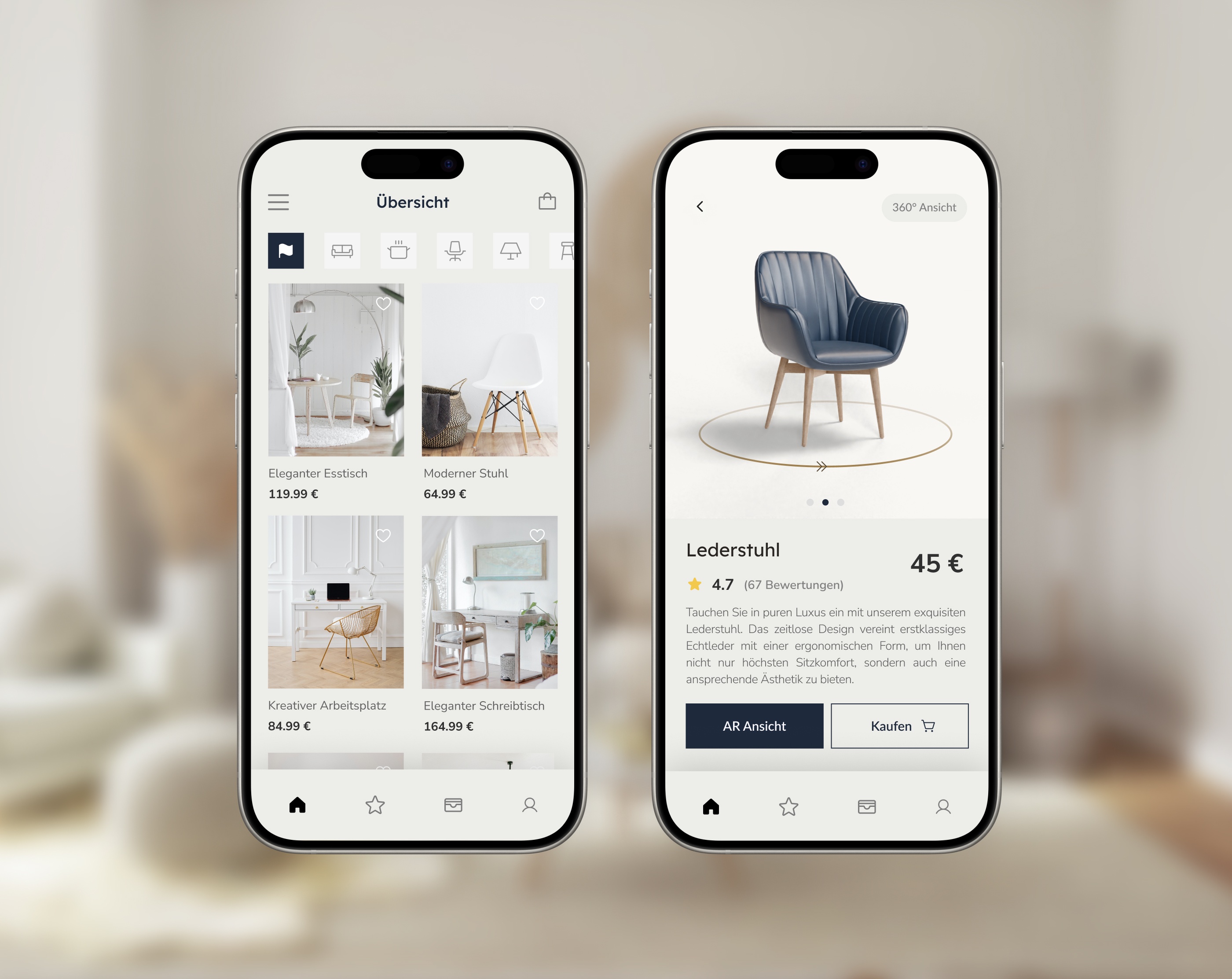 Mobile App auf 2 iPhones, E-Commerce Shop zum Einkaufen von Möbeln