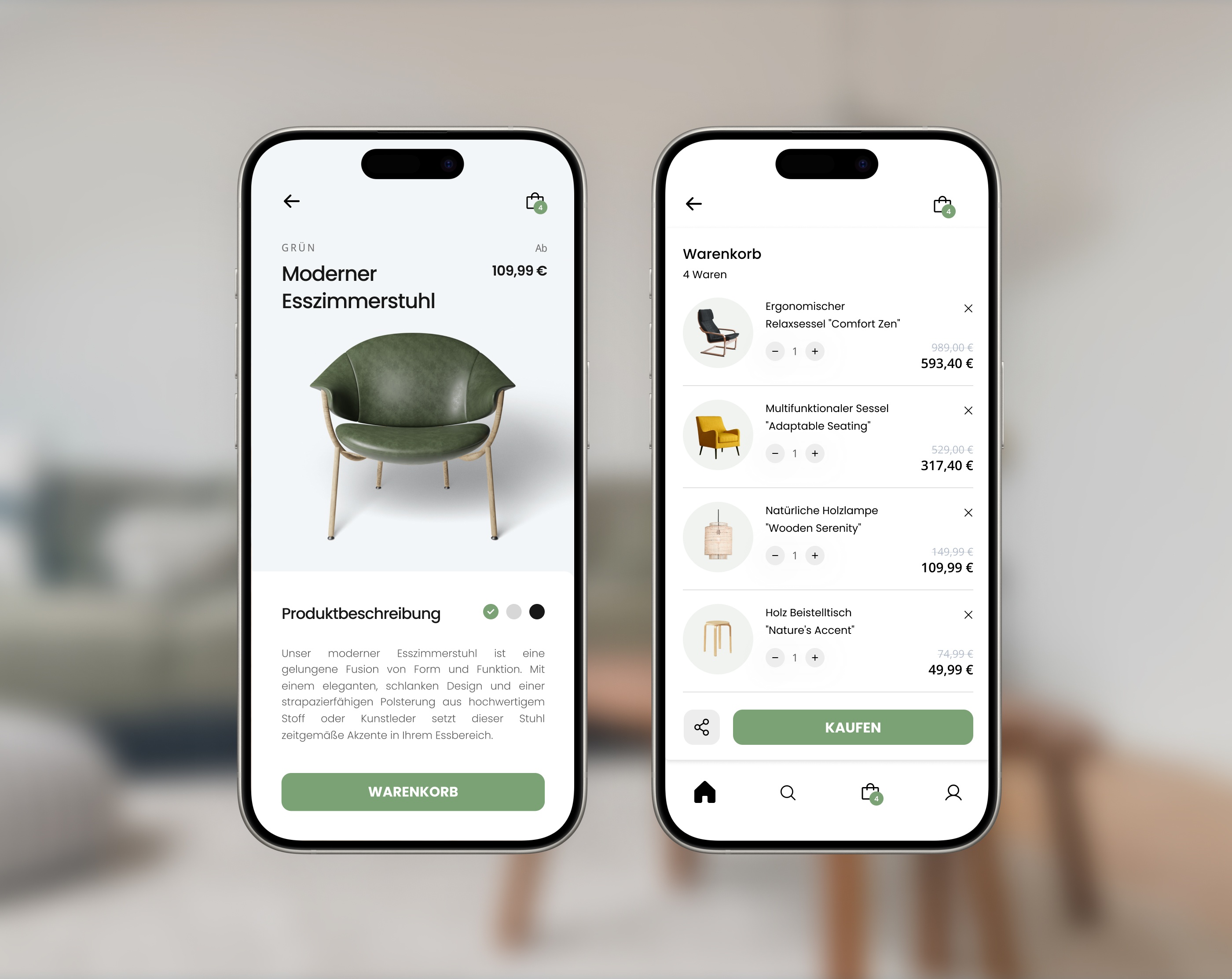 Mobile App auf 2 iPhones, E-Commerce Shop für Stühle