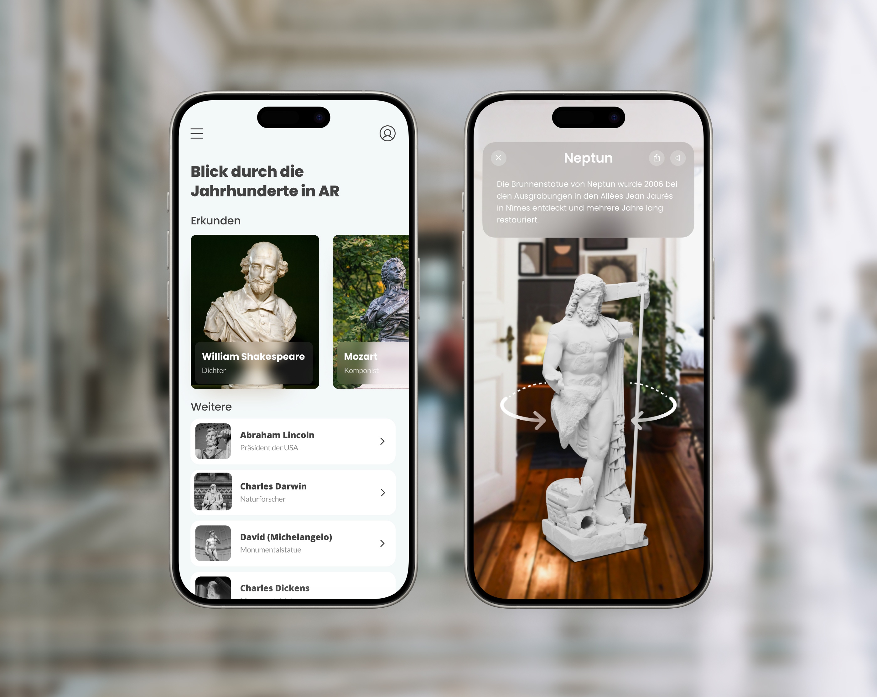 Mobile App auf 2 iPhones, App für Museum, Statue durch AR virtuell platziert